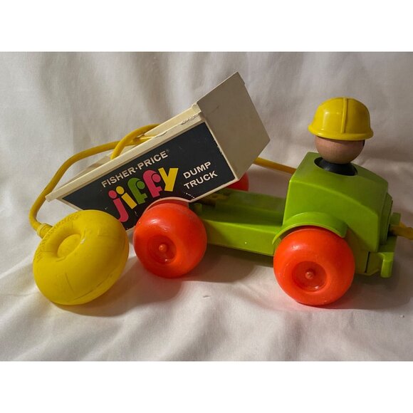 1970 Fisher Price Jiffy Dump Truck 156 Squeeze Bulb Pull Toy VTG - Picture 2 of 16